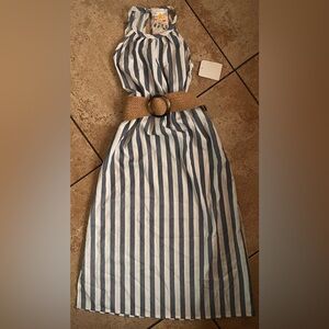 Blue and White Striped Sundress with Woven Belt